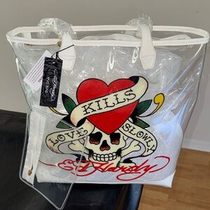 Ed Hardy Clear Tote with Red Heart & Skull Graphic and White Trim